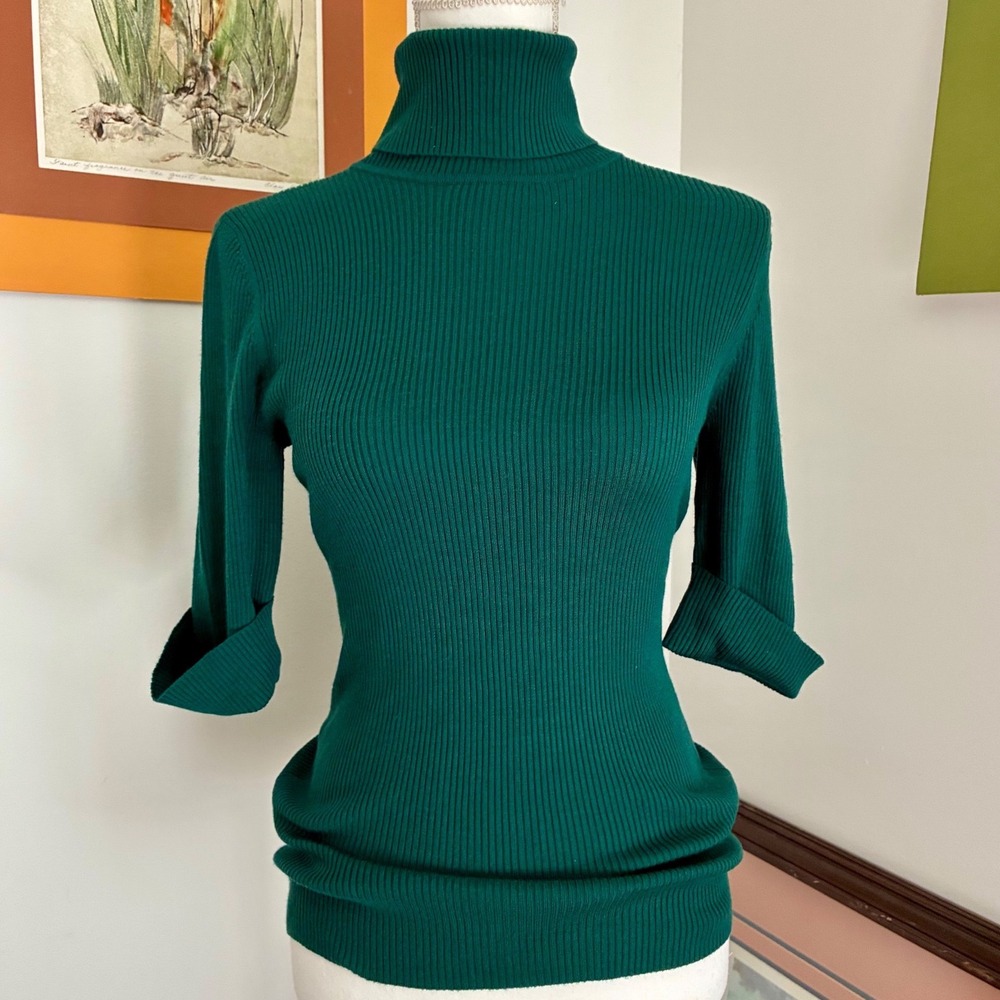 Green Turtleneck Women Small Ribbed 3/4 Sleeve Top